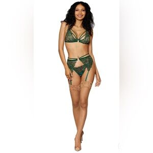 Dreamgirl Metallic Corded Lace 3 Piece Set - Evergreen - 12707 - OS